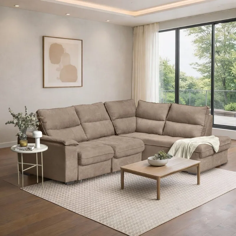 Sofá de Canto Retrátil Chaise Lado Direito 4 Lugares Nest CabeCasa MadeiraOriginals Bege Bege