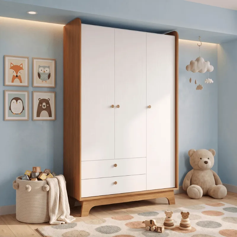 Guarda-Roupa Infantil 3 Portas e 2 Gavetas Encanto 200cm Marrom Canela/Branco Canela / Branco