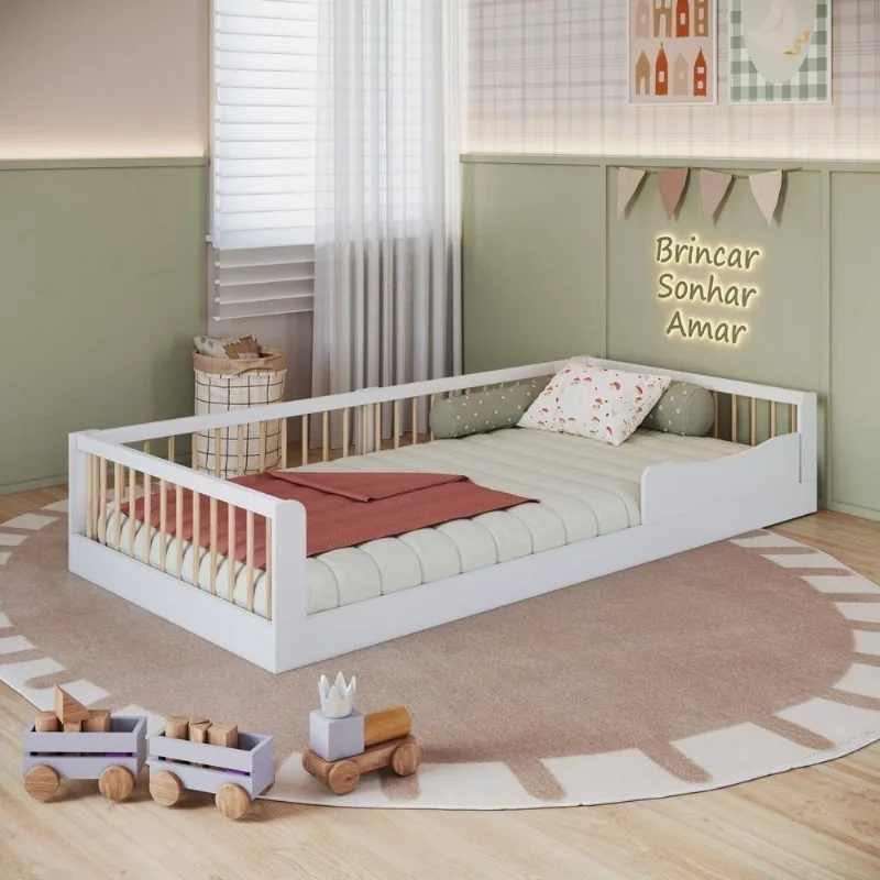 Cama Solteiro Infantil em MDP Montessoriana Branco/Marrom Yescasa Branco/Natural