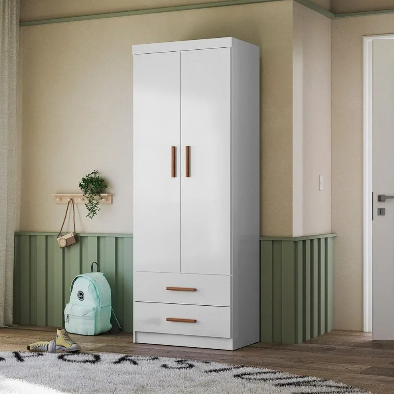 Roupeiro Guarda-Roupas Onix de Solteiro com 2 Gavetas e Cabideiro Flex Branco/Nature Branco/Nature
