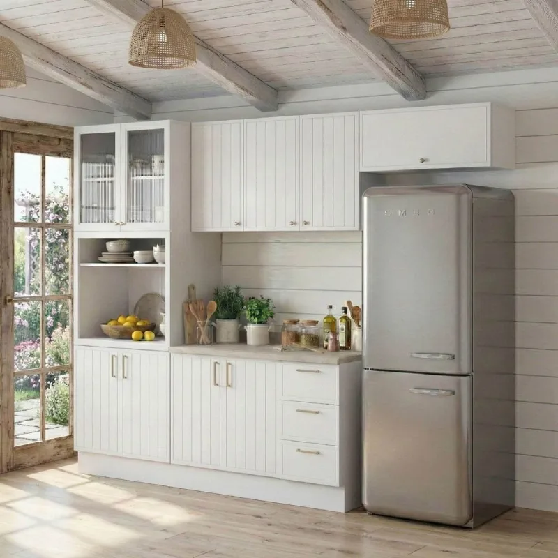 Cozinha Planejada 5 Peças 2 Aéreo 2 Balcão com Tampo 1 Cristaleira Marselha CabeCasa MadeiraOrigi Branco