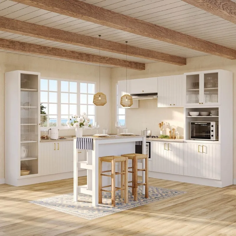 Cozinha Planejada 12 Peças com Tampo e Cristaleira e Ilha Marselha CabeCasa MadeiraOriginals Branco Branco
