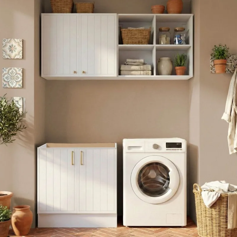 Lavanderia Planejada 3 Peças 1 Aéreo 1 Balcão sem Tampo 1 Nicho 80cm Marselha CabeCasa MadeiraOri Branco