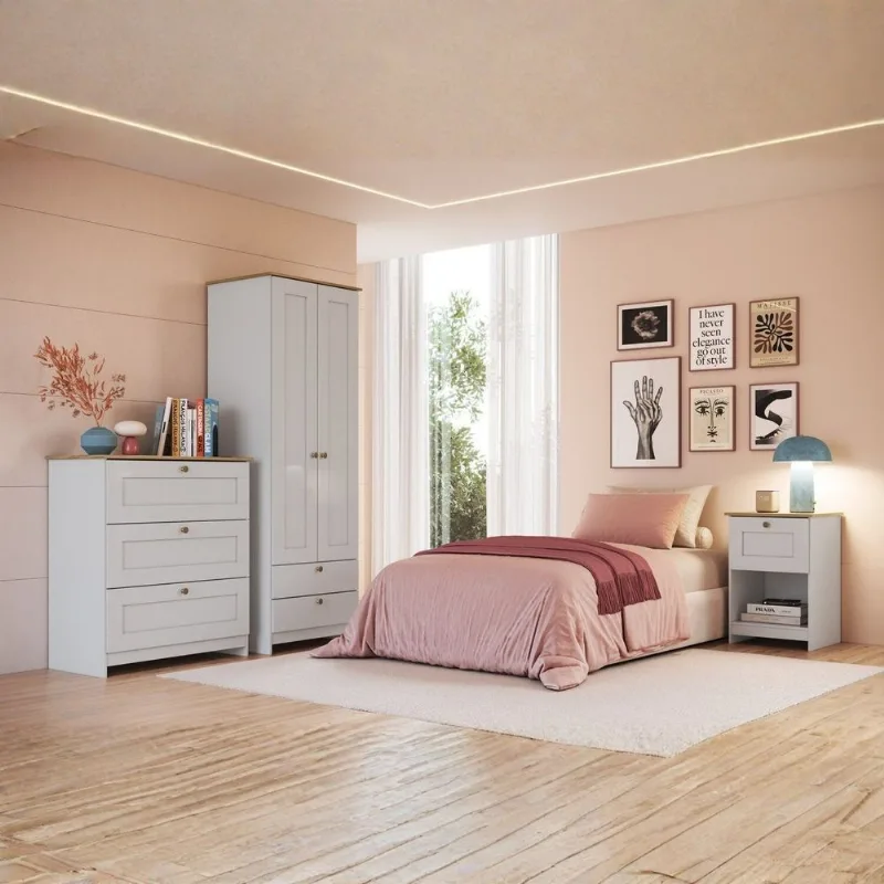 Quarto Americano Completo Infantil com Guarda-Roupa 2 Portas, Cômoda 3 Gavetas e Mesa de Cabeceira Branco/Gelo Branco Gelo