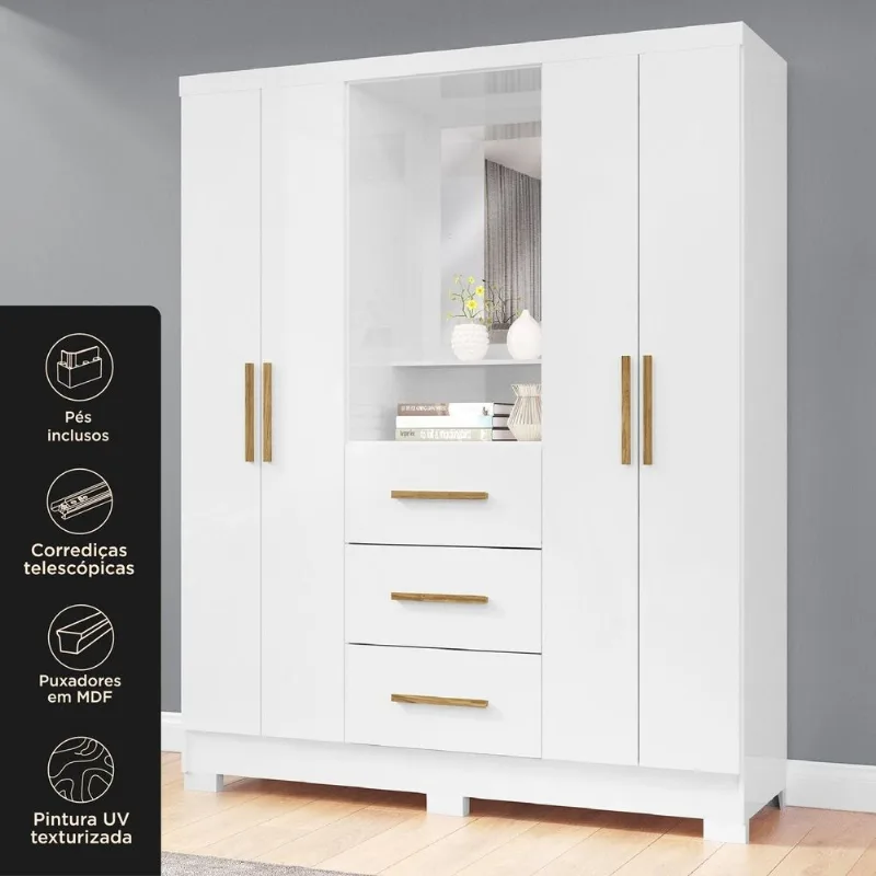 Guarda Roupa Capella 4 Portas 3 Gaveta Branco/Neve Branco Neve/ Branco Neve