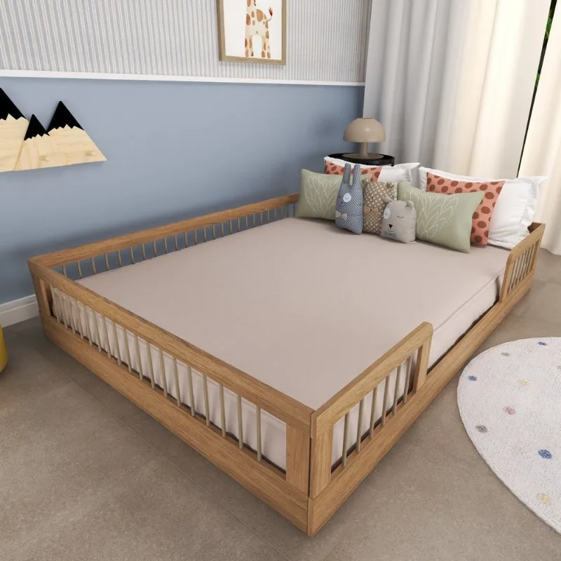 Cama Infantil Montessoriana Casal com Grades em Pinus Lume Marrom/Carvalho Mel Carvalho Mel
