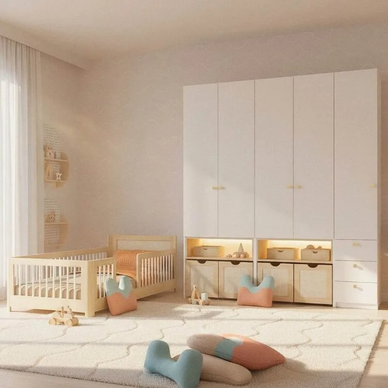 Guarda-Roupa Modulado e Cama Solteiro Montessoriano Infantil Wave Casatema Branco/M Natural/Branco