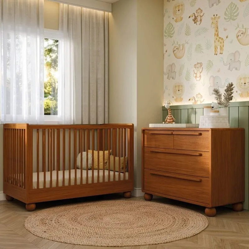 Conjunto Berço e Cômoda em Madeira Maciça Baby Orbi Casatema Marrom/Canela Canela