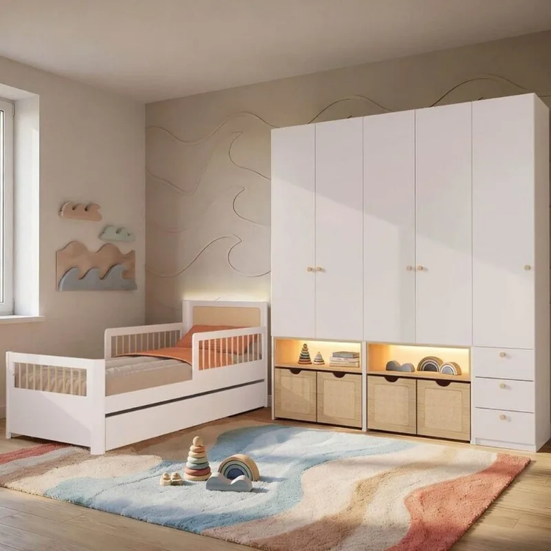 Guarda-Roupa Modulado e Bicama Solteiro Reversível Infantil Wave Casatema Branco/M Branco/Natural
