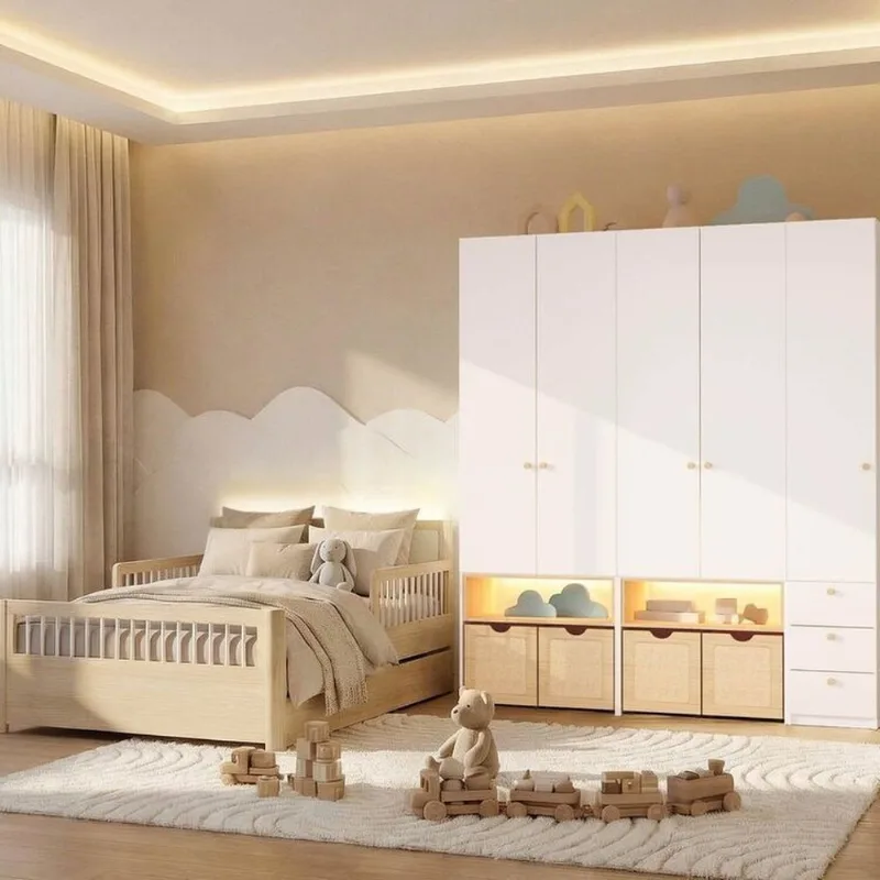 Guarda-Roupa Modulado e Bicama Casal Reversível Infantil Wave Casatema Branco/Marr Natural/Branco