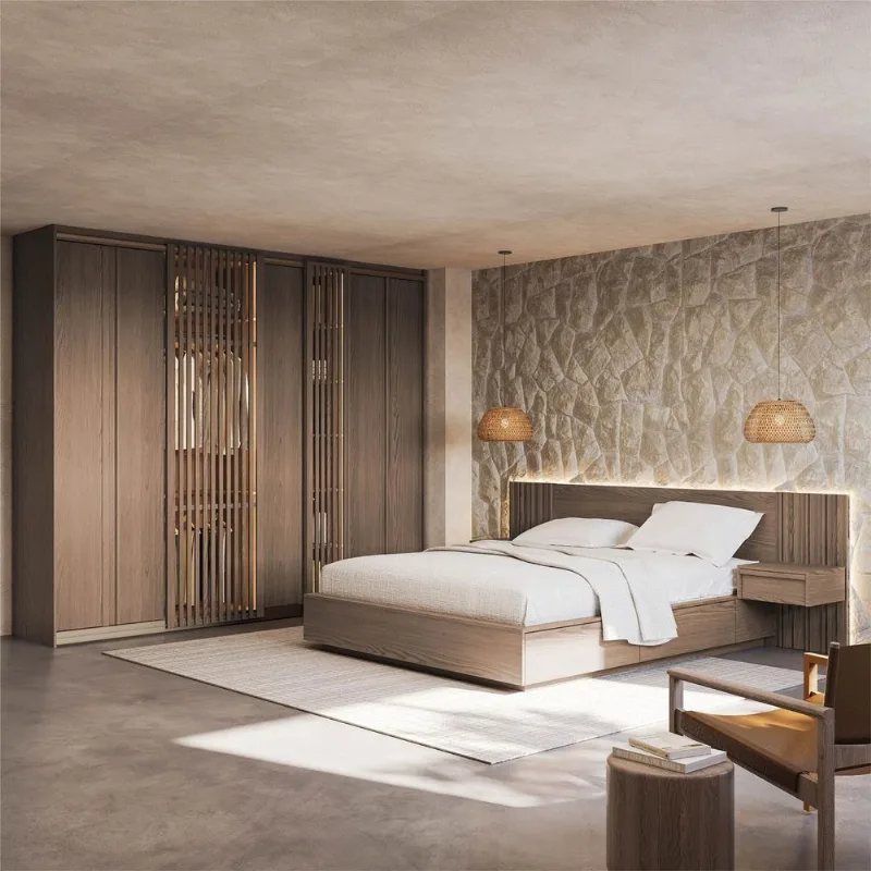 Kit Guarda Roupas 7 Portas e Cama Casal/Queen com LED Seringal CabeCasa MadeiraOriginals Marrom/Noga Nogal