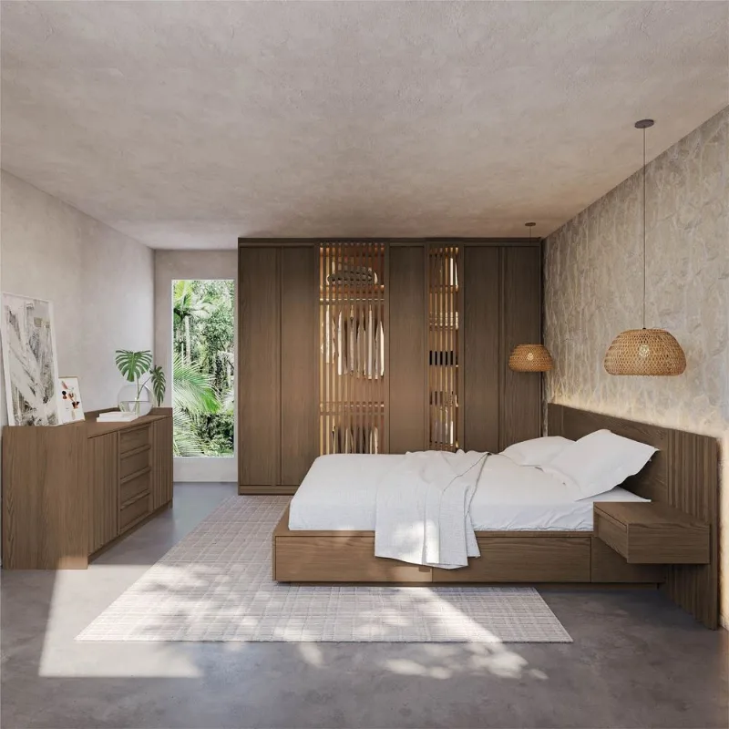 Kit Guarda Roupas 7 Portas, Cama Casal/Queen com LED e Cômoda Seringal CabeCasa MadeiraOriginals Ma Nogal