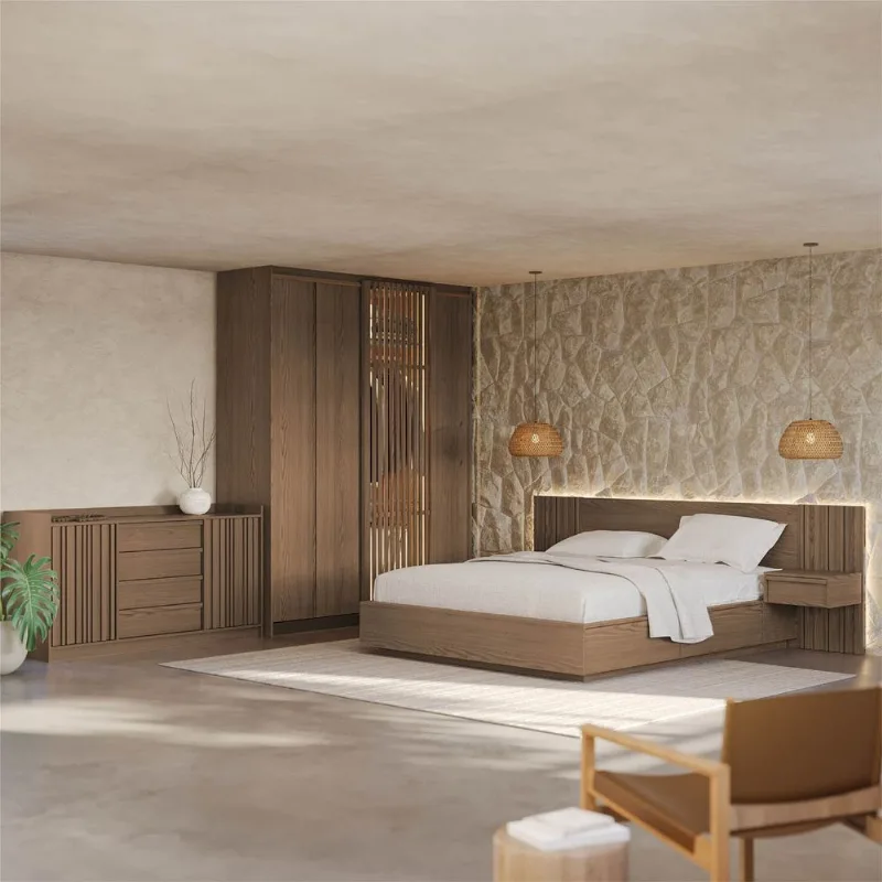 Kit Guarda Roupas 4 Portas, Cama Casal/Queen com LED e Cômoda Seringal CabeCasa MadeiraOriginals Ma Nogal