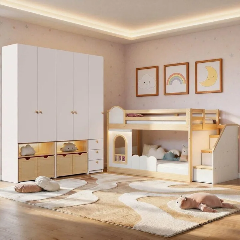 Guarda-Roupa Modulado Wave e Beliche Montessoriano com Janela New Garden Casatema B Branco/Natural