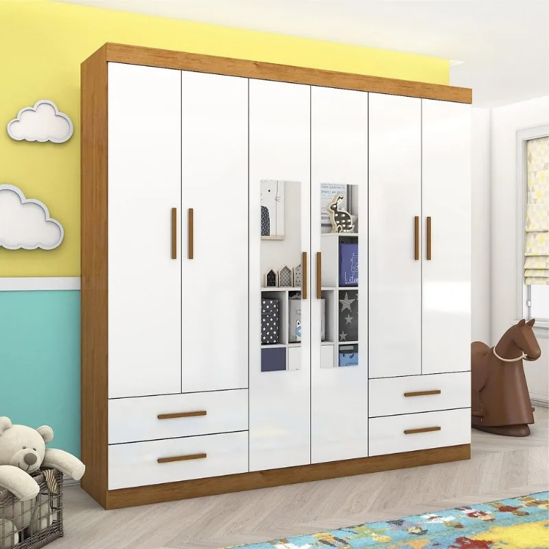 Guarda-Roupa 6 Portas 4 Gavetas com Espelho Infantil Perola Branco/Cinamomo Cinamomo/Branco