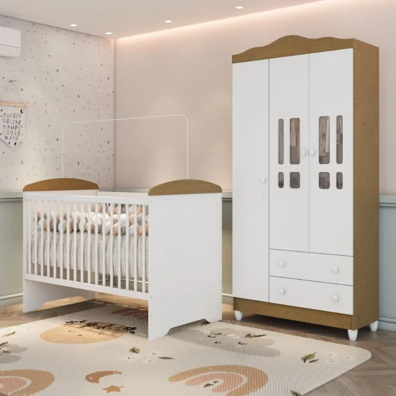 Conjunto Quarto Bebê Berço 3 em 1 Eloá Guarda Roupa 3 Portas 100% MDF Branco com Bétula Branco com Bétula