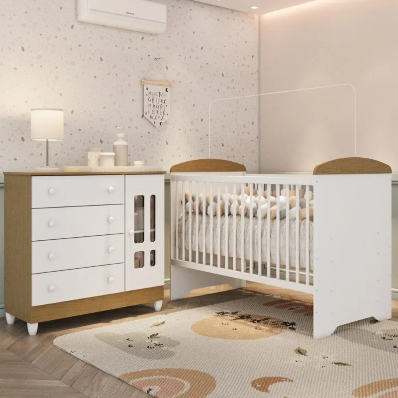 Conjunto Quarto Bebê Berço Americano 3 em 1 Eloá Cômoda com Fraldário 100% MDF Branco com Bétula Branco com Bétula