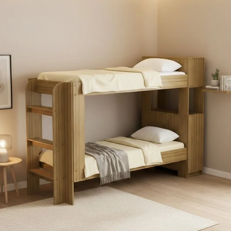 Cama Beliche Adulto Junevil Baú Superior com Escadas Armário de 1 Porta Marrom/Amendoa Amendoa