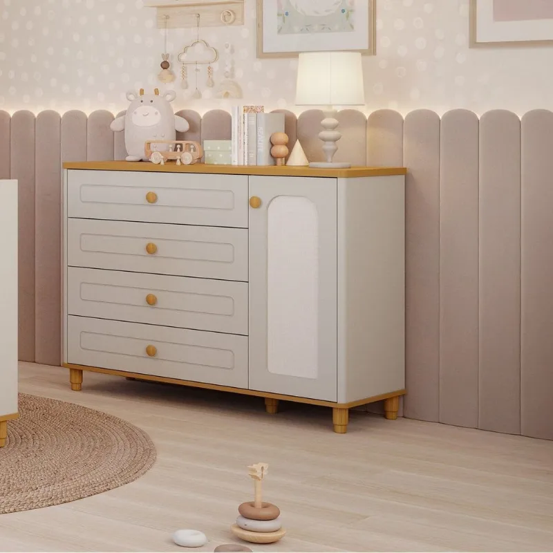 Cômoda de Bebê com 4 Gavetas 1 Porta Bala de Coco Off White/Nature Expresso Móveis Branco Off White/Nature