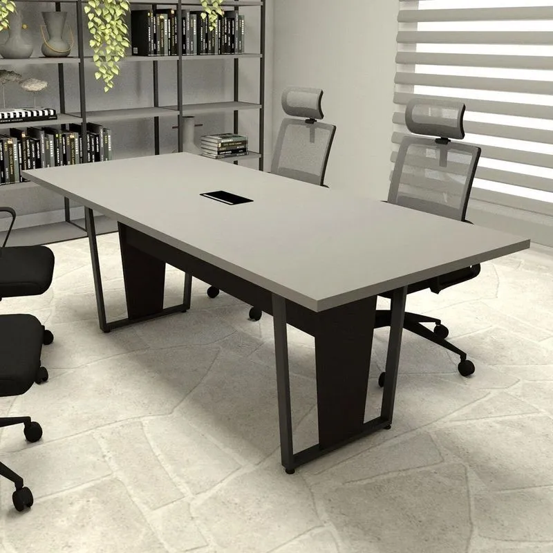 Mesa Reunião Escritório 2,00m X 0,90m Com Caixa De Tomadas E Pés Em Metal Industrial Executive F5 Cinza Sagrado/preto