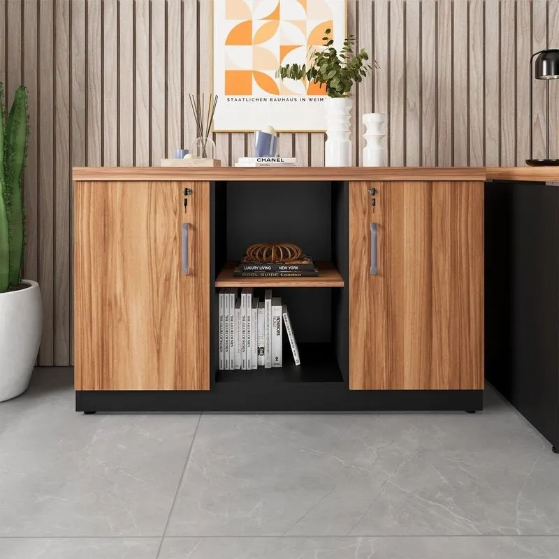 Armário Baixo Escritório 120cm X 45cm 2 Portas Com Chave E 3 Prateleiras Corporate Nogal/Preto