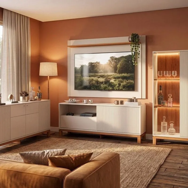 Rack Com Painel Ate 55" Mondrian Com Buffet E Cristaleira Com Led Mondrian Off White