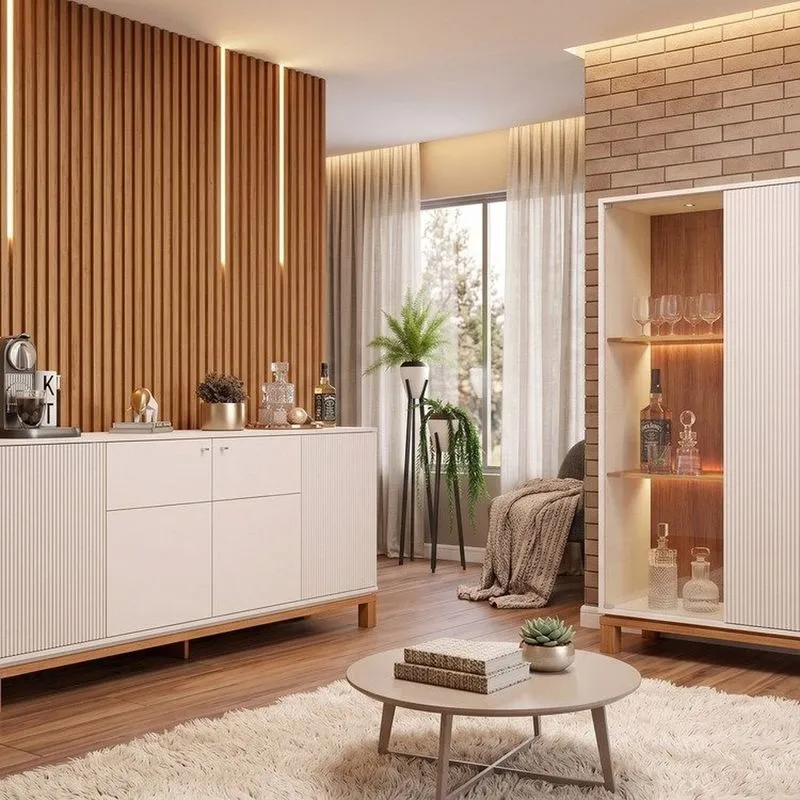 Buffet 4 Portas Mondrian Com Cristaleira Com Led Mondrian Microripado Off White