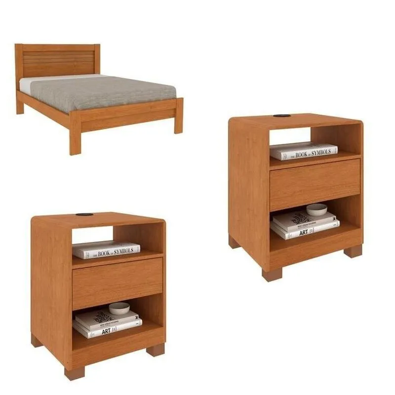 Conjunto Cama Casal Safira E 2 Mesas De Cabeceira Luna Com Usb Cinamomo/cinamomo