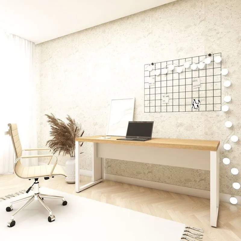 Escrivaninha Escritório Home Office 1,70m X 0,70m Com Pés Em Metal Industrial Executive 5f Macadâmia/branco