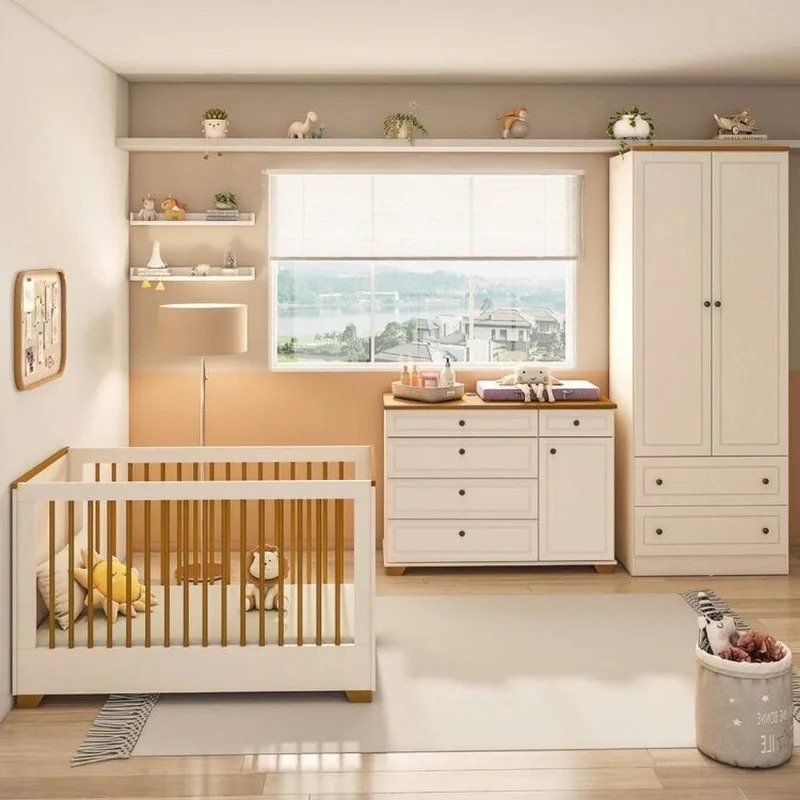 Quarto de Bebê com Berço, Colchão, Cômoda e Guarda-Roupa Baby Ananda Casatema Bege Off White/Mel