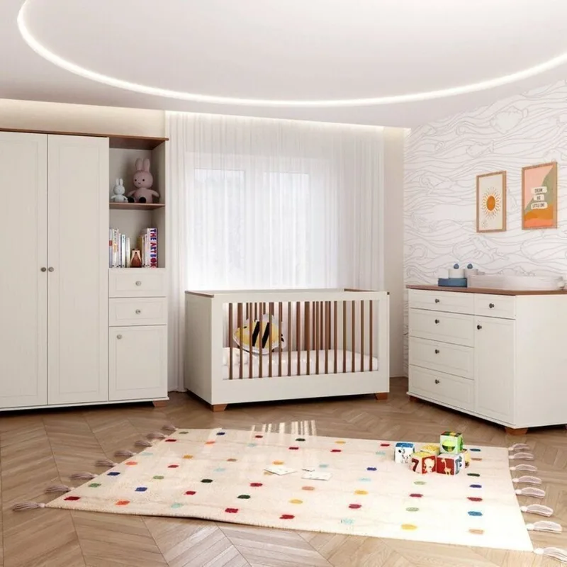 Quarto de Bebê com Berço, Colchão, Cômoda e Guarda-Roupa Baby Ananda Casatema Bege Off White/Mel