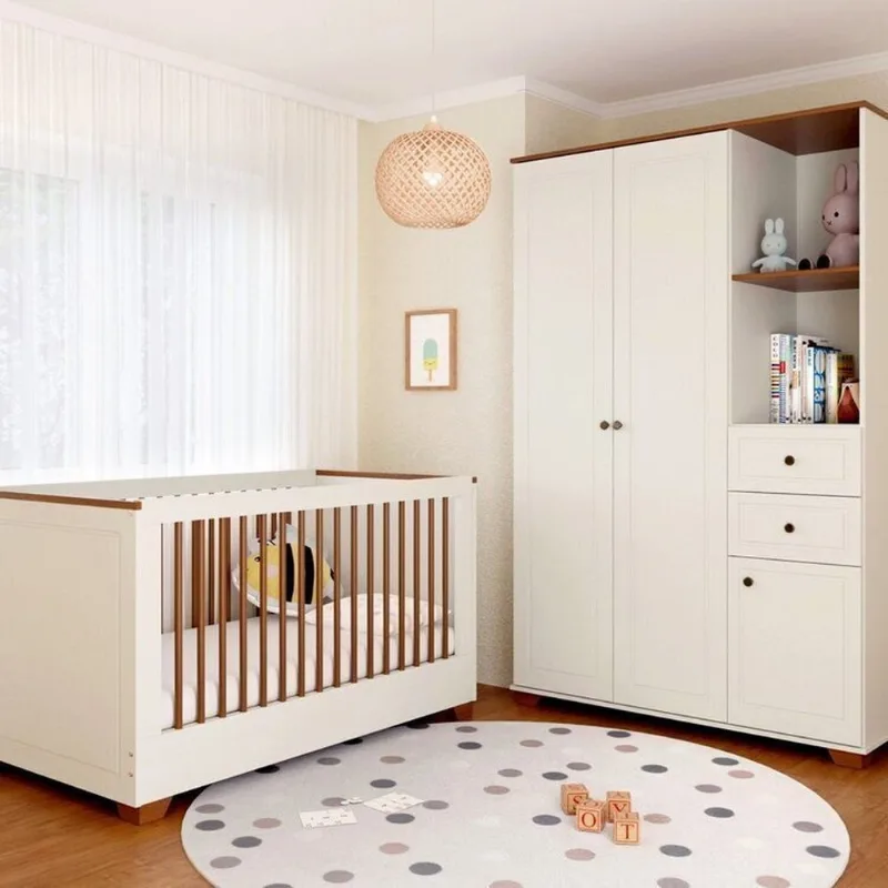 Quarto de Bebê com Berço, Colchão e Guarda-Roupa Baby Ananda Casatema Bege/Offwhite Off White/Mel