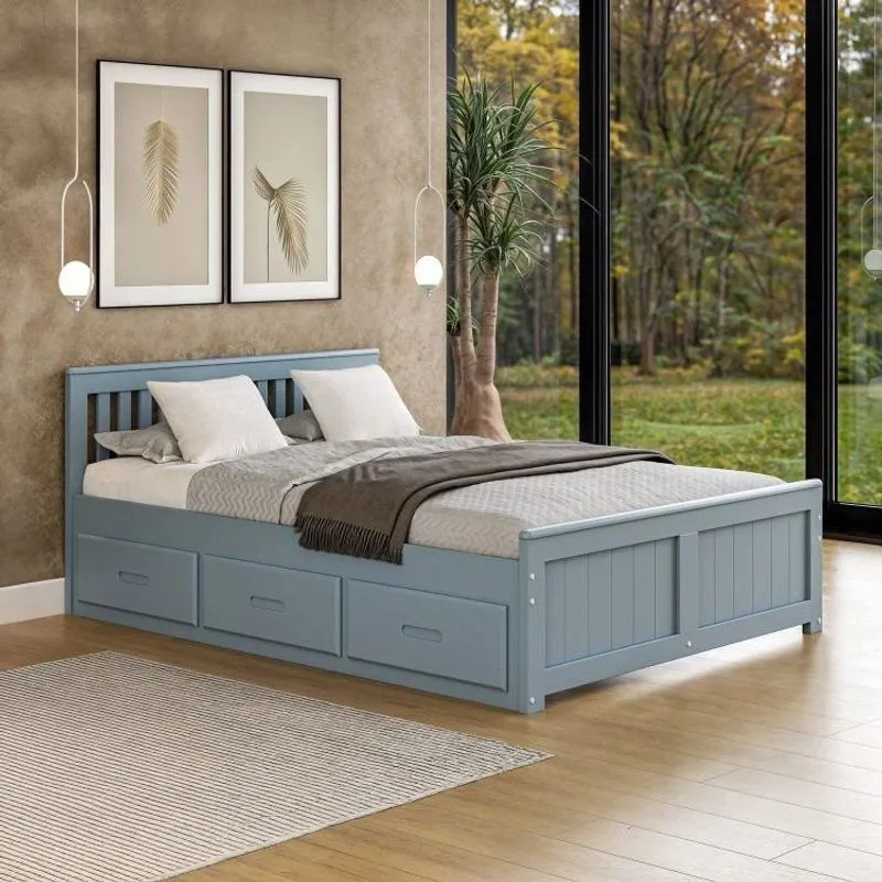 Cama King Size 06 Gavetas Madeira Maciça Azul Tons&amp;madeira