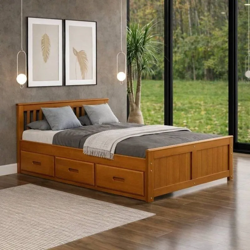 Cama King Size 06 Gavetas Madeira Maciça Amendoa Tons&amp;madeira