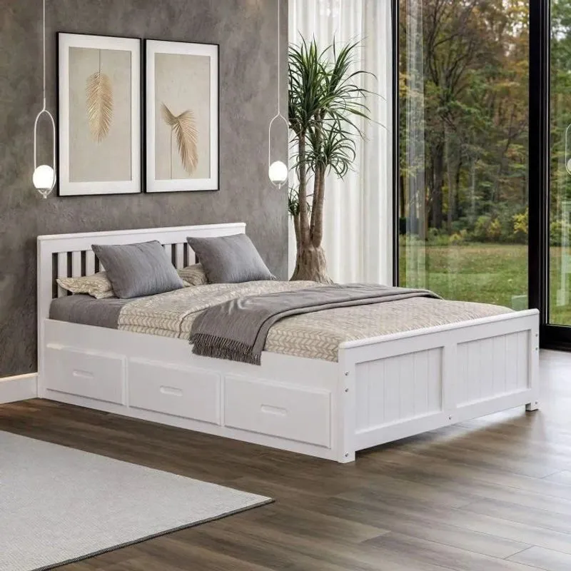 Cama King Size 06 Gavetas Madeira Maciça Branco Tons&amp;madeira