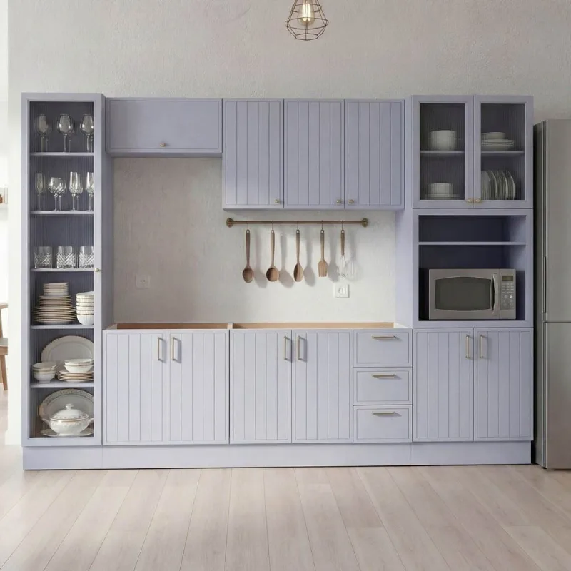 Cozinha Planejada 7 Peças sem Tampo com Cristaleira Marselha CabeCasa MadeiraOriginals Azul/Sereno Azul Sereno