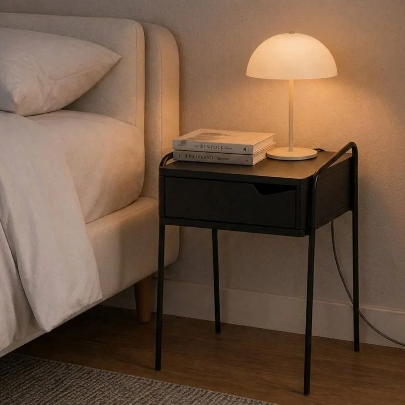 Mesa De Cabeceira Compacta Com Gaveta Em Metal Leck Preto