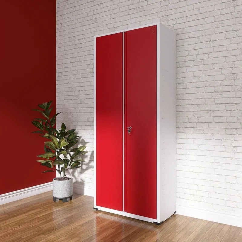 Armário De Aço 2 Portas Com Chave 4 Prateleiras Ap402 Branco/vermelho