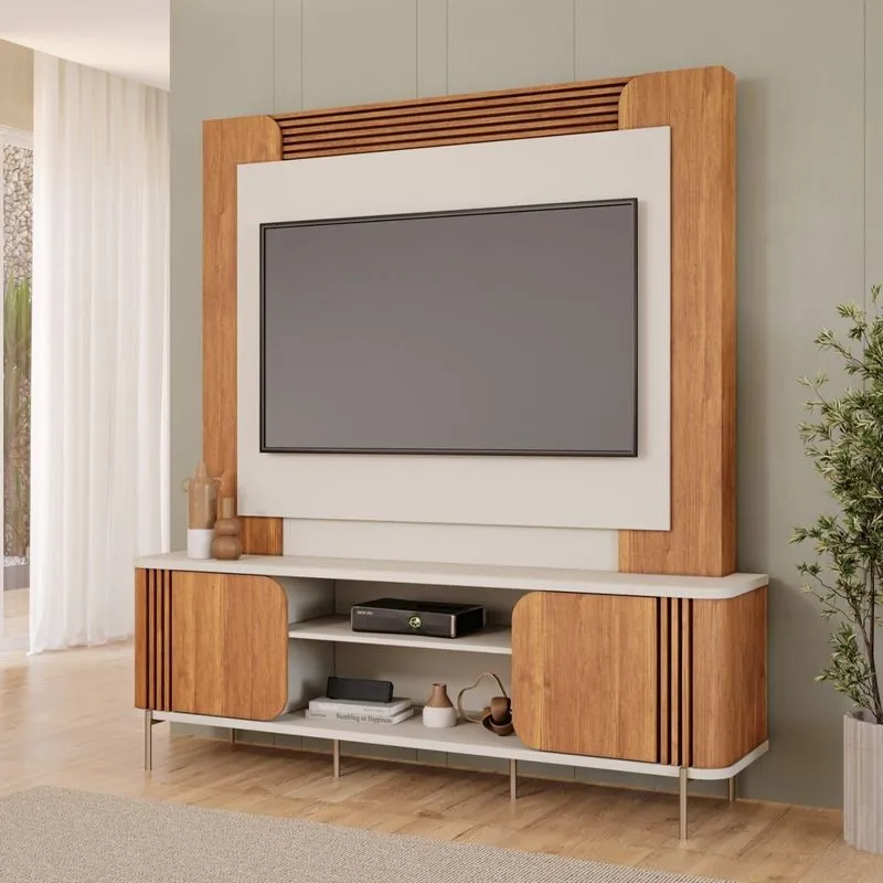 Estante Para Tv 60 Polegadas 100% Mdf Ripado 2 Portas Chicago Off White / Cinamomo