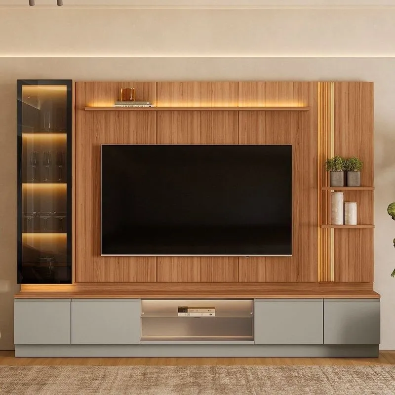 Conjunto Rack Com Painel Para Tv Até 75 Polegadas Com Cristaleira Magnum Canela/gris Fosco