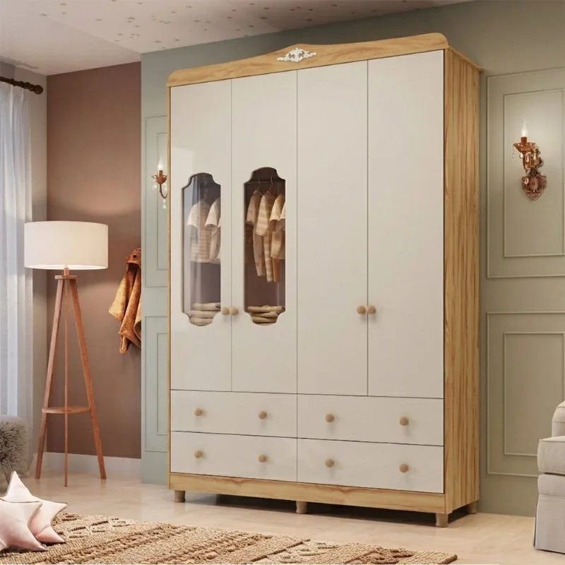 Guarda-Roupa de Bebê 4 Portas com Janela e 4 Gavetas 156cm 100% MDF Maya Provençal Yescasa Bege/Off White/Amêndoa Off White/Amêndoa