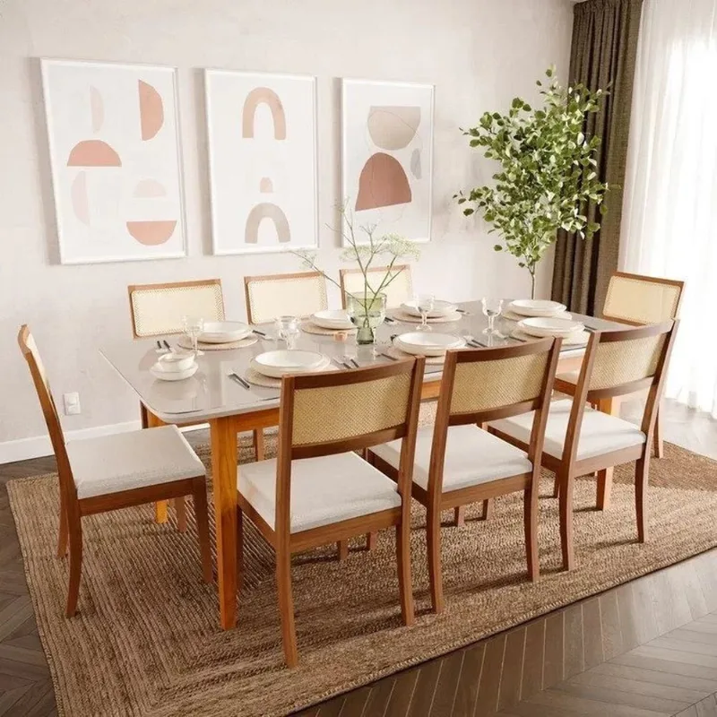 Mesa com 8 Cadeiras Madeira Maciça Tampo MDF e Vidro Tangará Tiê CabeCasa MadeiraOriginals Bege/Cara Caramelo/Off White e Amêndoa/Bege claro