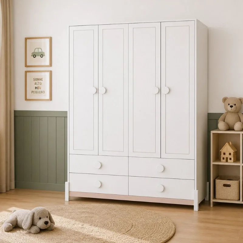 Armário para Quarto Infantil 4 Portas e 4 Gavetas Luna Branco/Neve/Renda Neve/Renda
