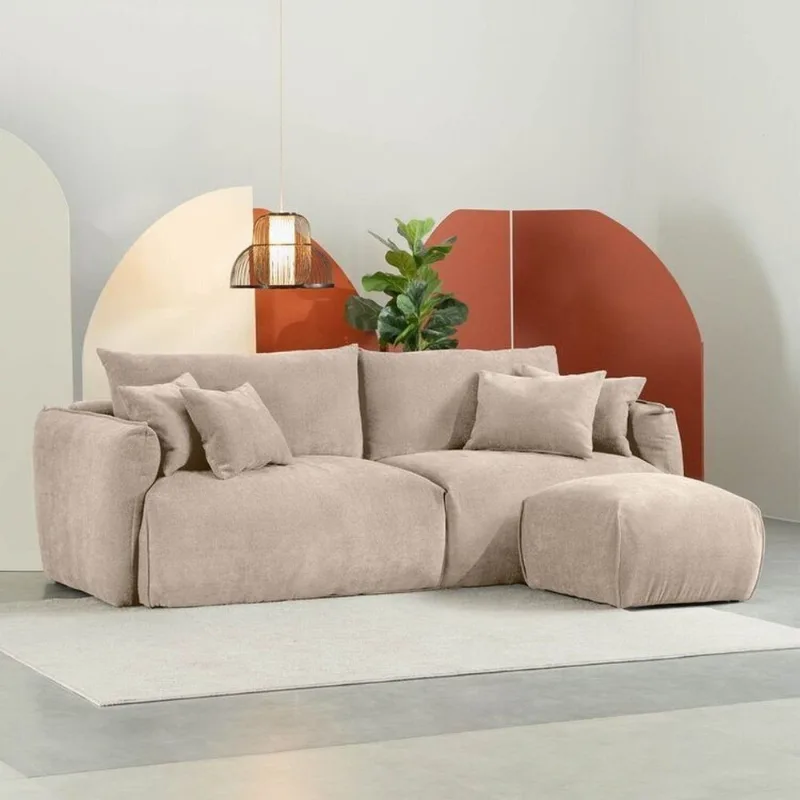 Conjunto Sofá 220cm e Puff Comfy CabeCasa MadeiraOriginals Bege Claro Bege Claro