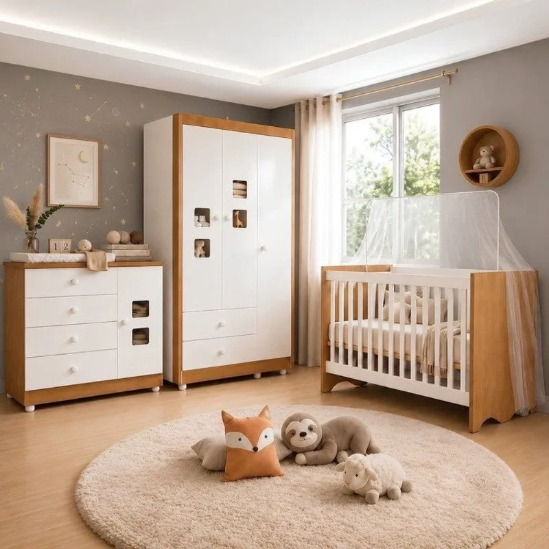 Quarto de Bebê Completo 100% MDF Linha Lua Marrom/Branco Amadeirado Branco Amadeirado