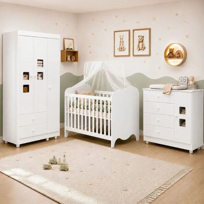 Quarto de Bebê Completo Berço 100% MDF com Guarda-Roupa 3 Portas Nuvem Branco Branco