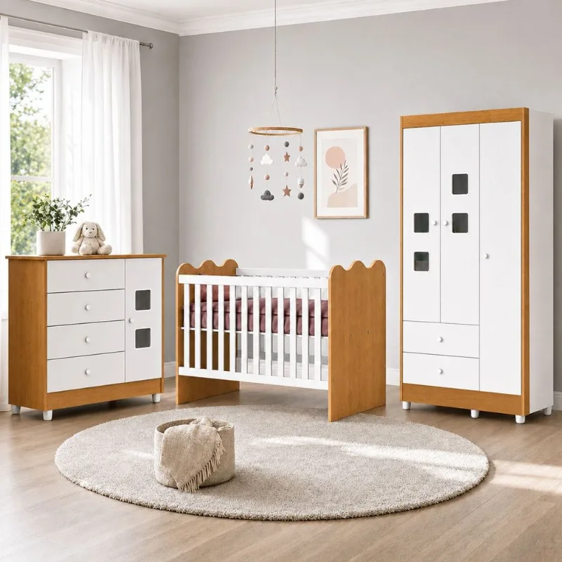 Quarto de Bebê Completo 100% MDF Berço Guarda-Roupa 3 Portas Ternura Marrom/Branco Amadeirado Branco Amadeirado