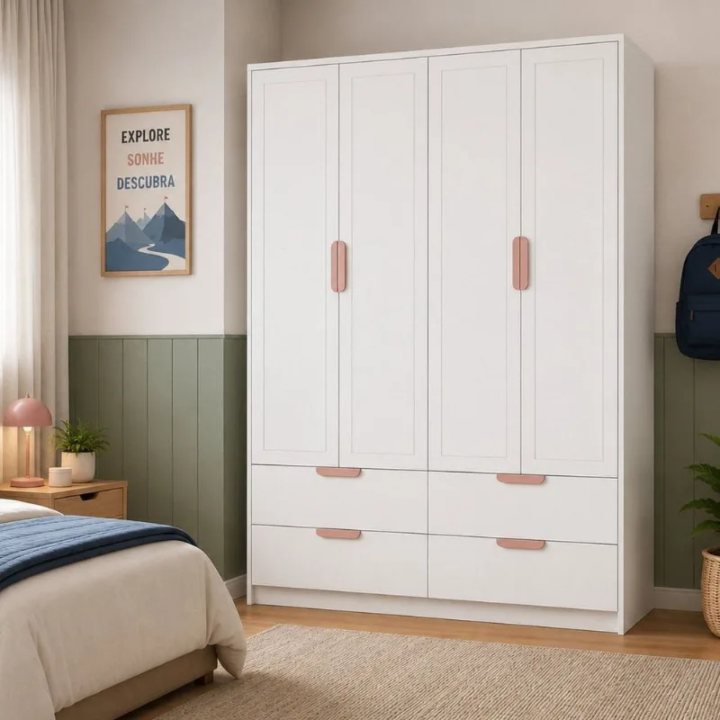 Armário para Quarto Infantil 4 Portas e 4 Gavetas Theo Branco/Neve/Renda Neve / Renda