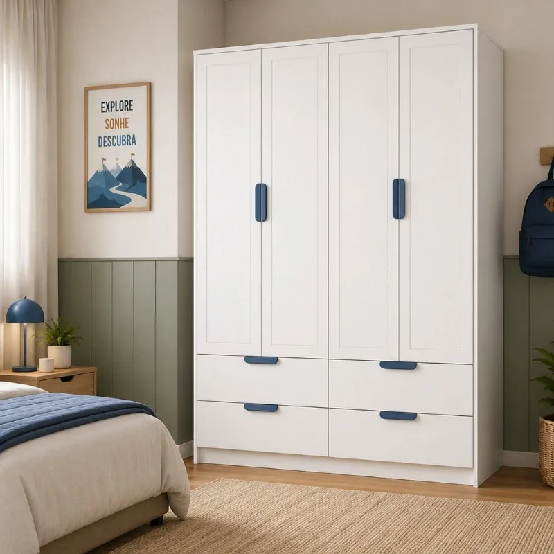 Guarda-Roupa para Quarto Infantil 4 Portas e 4 Gavetas Theo Branco/Neve/Azul Petróleo NEVE/ AZUL PETROLEO