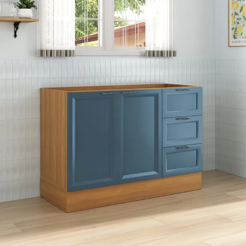 Balcão Planejado 2 Portas 3 Gavetas 120cm sem Tampo Soho CabeCasa MadeiraOriginals Freijó/Azul Freijó/Azul